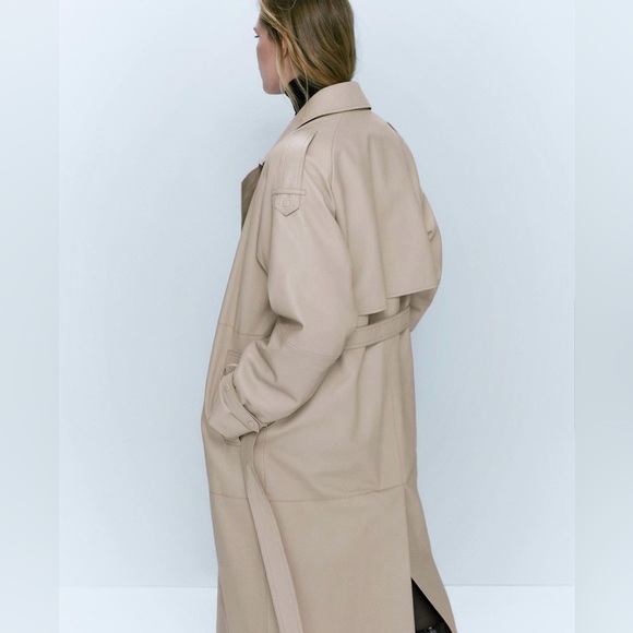 Massimo Dutti ivory leather trench coat with belt classic casual  long jacket - Picture 7 of 12